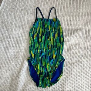 Speedo Green Blue Brushstroke One-Piece Swimsuit Size 12/38 Compete Beach Resort